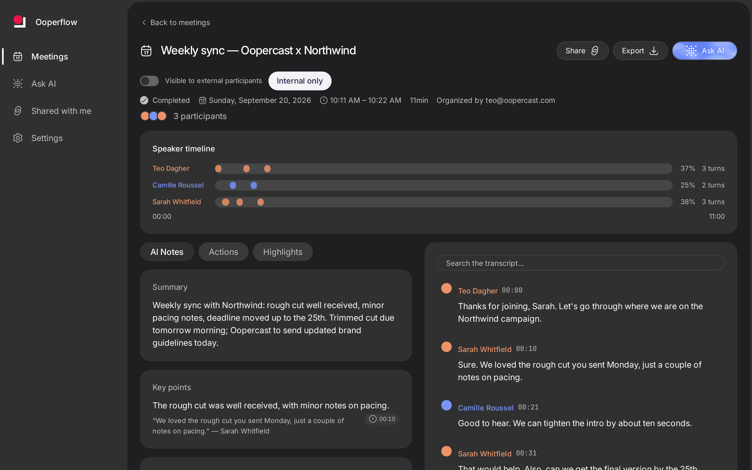 An Ooperflow meeting page: speaker timeline, AI notes and a transcript attributed to each person