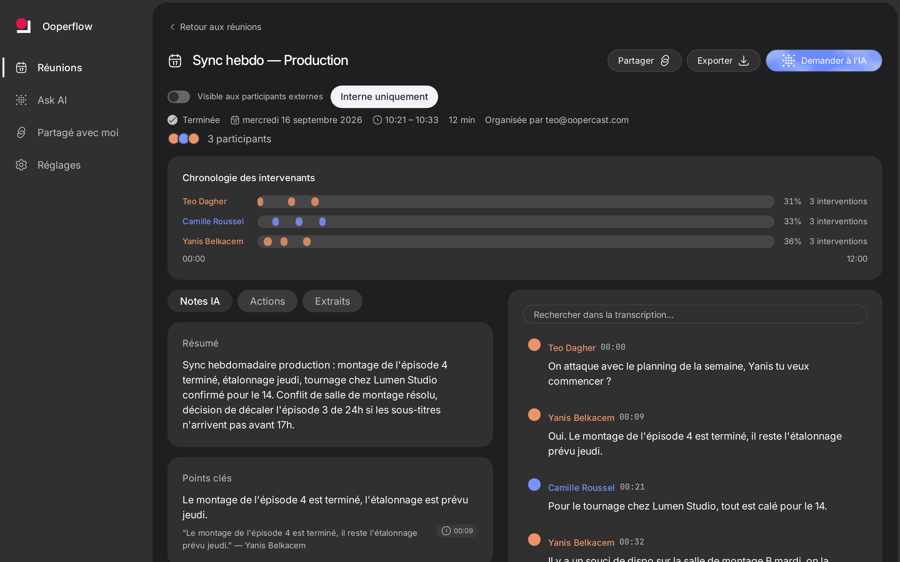 Page d'une réunion Ooperflow : chronologie des intervenants, notes IA et transcription attribuée à chaque personne